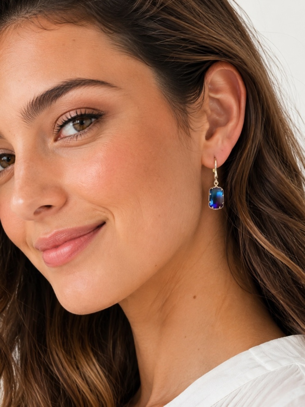Iridescent Blue Rectangle Drop Earrings – Elegant Gold Leverback Design